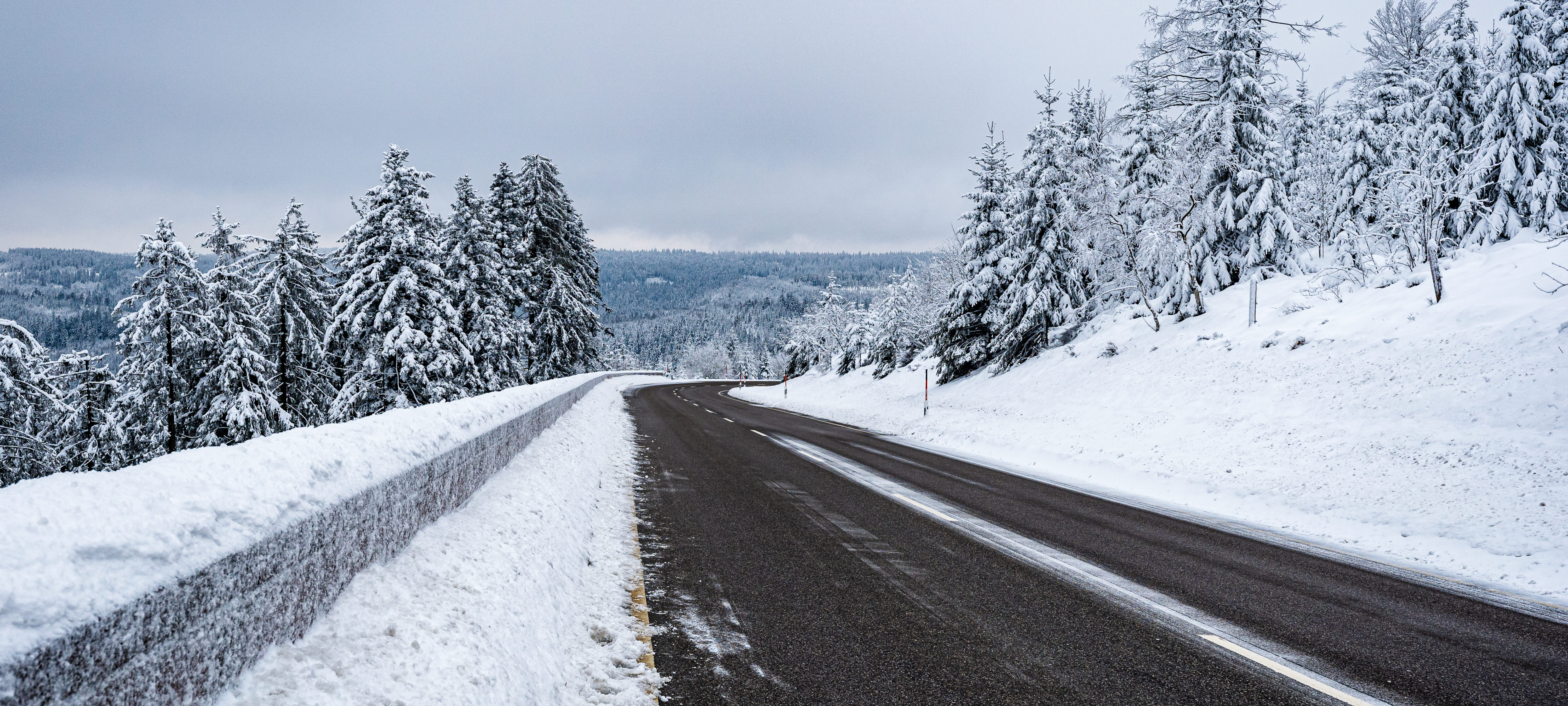 Closeup shot of a road in the Black Forest Mountains, Germany in winter
